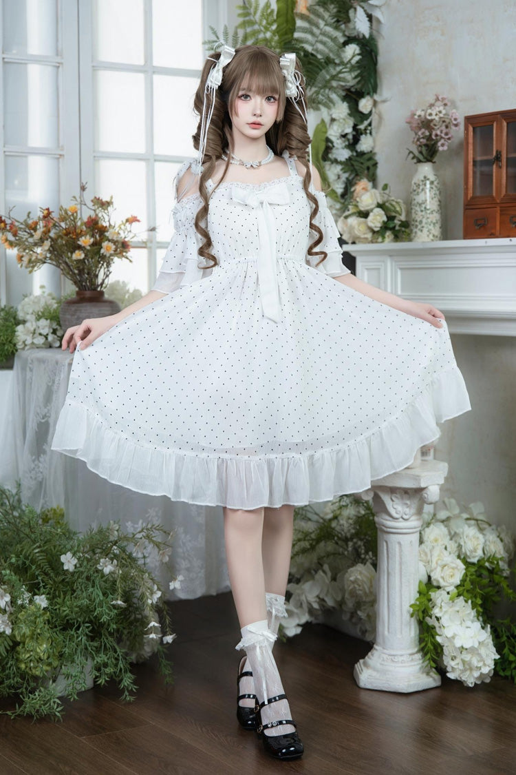 Robe Lolita blanche, épaules dénudées, manches courtes, imprimé à pois, nœud à volants, dentelle, doux et élégant, palais