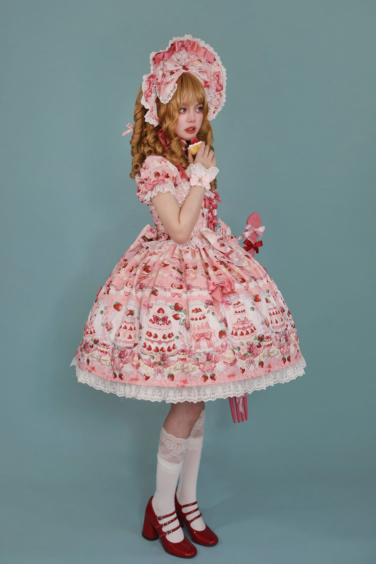 [Strawberry Cake Bouquet] Print Square Collar Short Sleeves Bowknot Lace Sweet Lolita Dress 3 Colors
