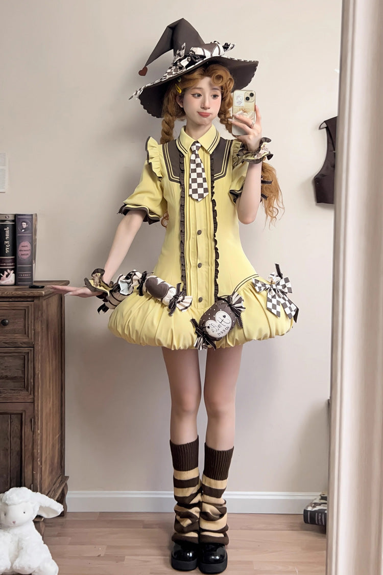Brown/Yellow [Witch and Paradise] Short Sleeves Ruffle Bowknot Sweet Japanese Halloween Lolita Dress Vest Set