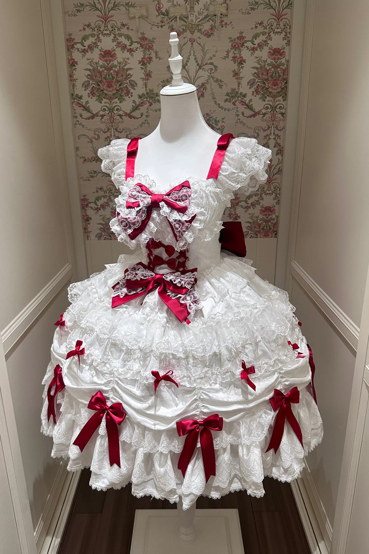 Weiß/Rot [Geschenkbox aus Seidensatin], ärmelloses, mehrlagiges, gerüschtes, bogenförmiges, süßes Lolita-JSK-Kleid mit quadratischem Kragen
