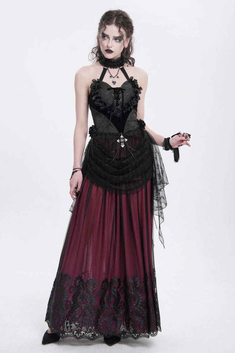 ブラックハルターネックノースリーブ刺繍ステッチローズハートレース女性用ゴシックブラウス 