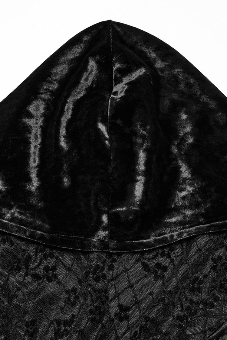Black Long Sleeves Hollow Cross Stitching Lace Hooded Women's Gothic Dress