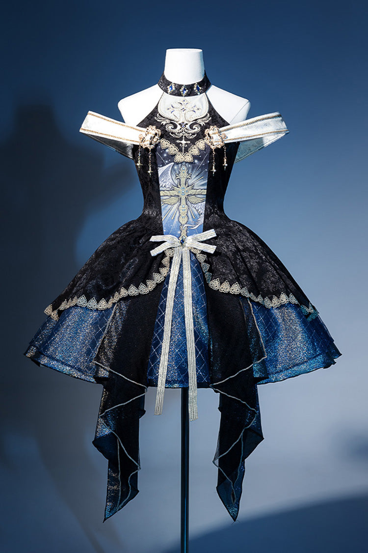 Schwarz/Blau [Universum] Schulterfreies Halterneck Ärmelloses Print Stickerei Cardigan Gothic Prinzessin Lolita Kleid 
