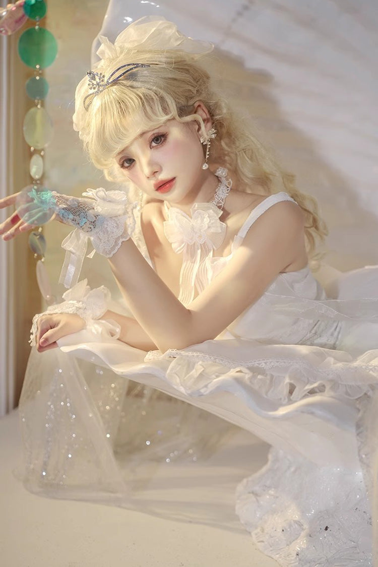 White [Bright Moonlight] Sleeveless Ruffle Bowknot Lace Lace-Up Sweet Elegant Lolita Jsk Dress
