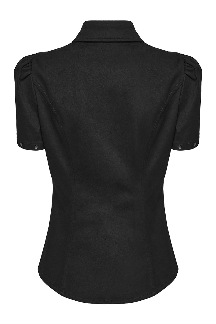 Black Twill Woven Short Sleeves Hollow Leather Stitching Womens Steampunk Blouse