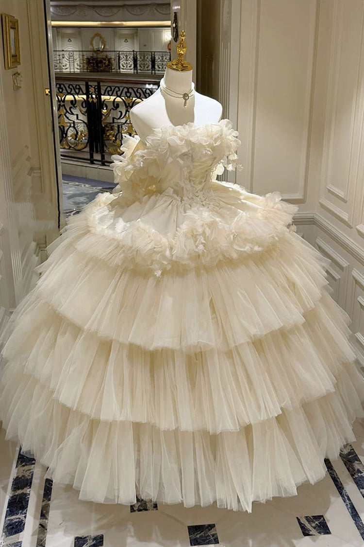 アプリコット 【夢告白】ノースリーブ三層フリル花嫁リボンレース編み上げ甘ロリJSKドレスロングバージョン
