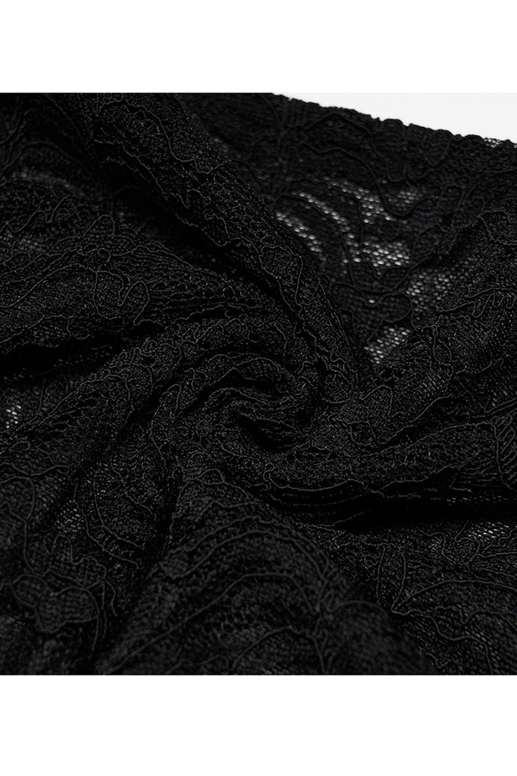 Schwarzer elastischer Spitzenstoff, sexy, perspektivische Stickerei-Dekoration, Kreuzseil, Trompetenärmel, Gothic-T-Shirt für Damen in Übergröße