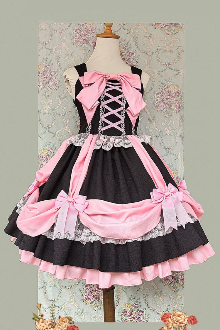 Schwarz/Rosa [Geschenkbox] Ärmelloses, doppellagiges, gerüschtes, geschnürtes, süßes Lolita JSK-Kleid mit Schleife