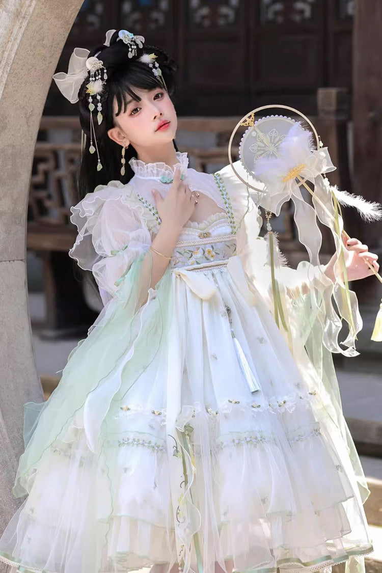 Elfenbein [Luo Ling Fu] Rüschenstickerei Schleifen Lace Süßes Chinesisches Stil Lolita Jsk Kleid 