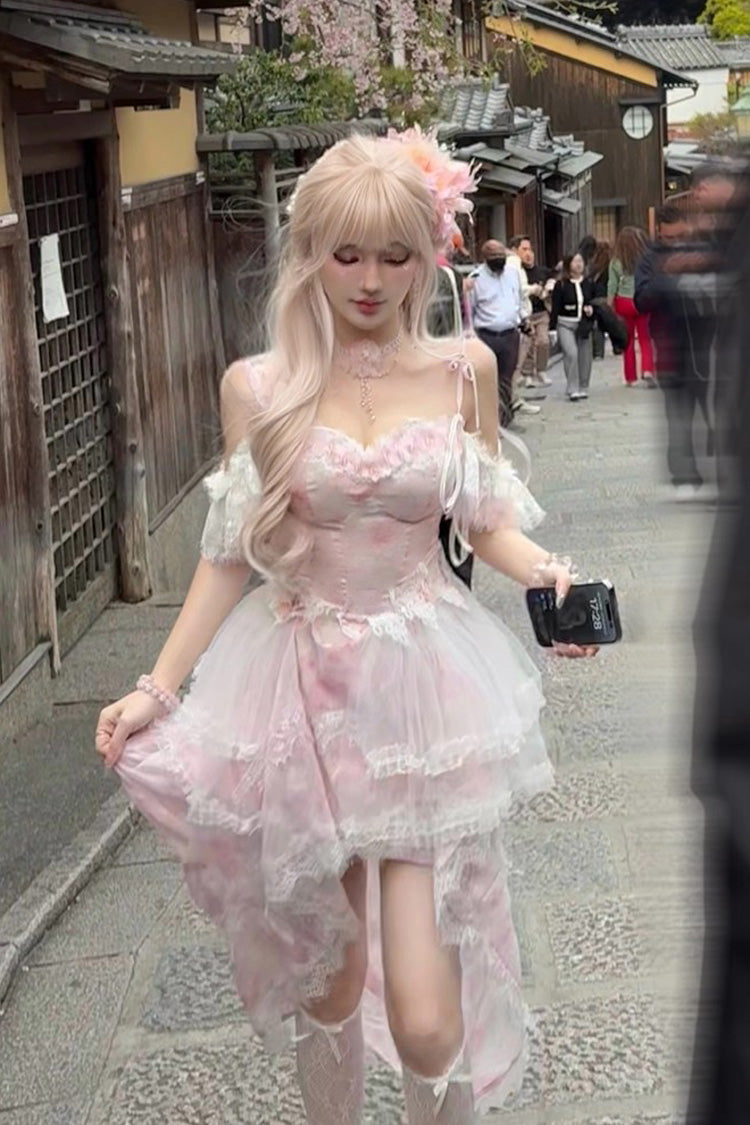 Pink [Sakura Trio] Sleeveless Double-Layered Ruffle Bowknot Lace Sweet Princess Lolita Jsk Dress