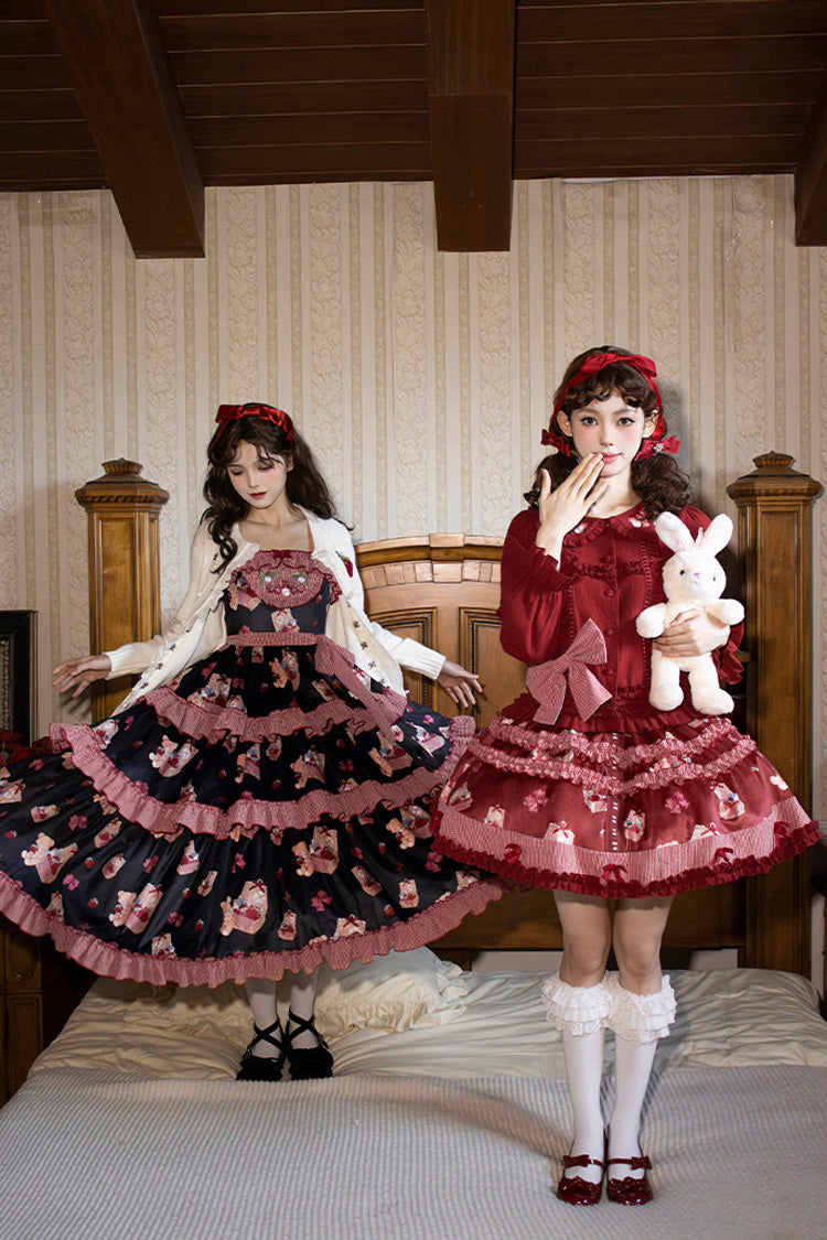 レッド [ベルストロベリーファーム] プリントフリル刺繍スウィートロリータスカート