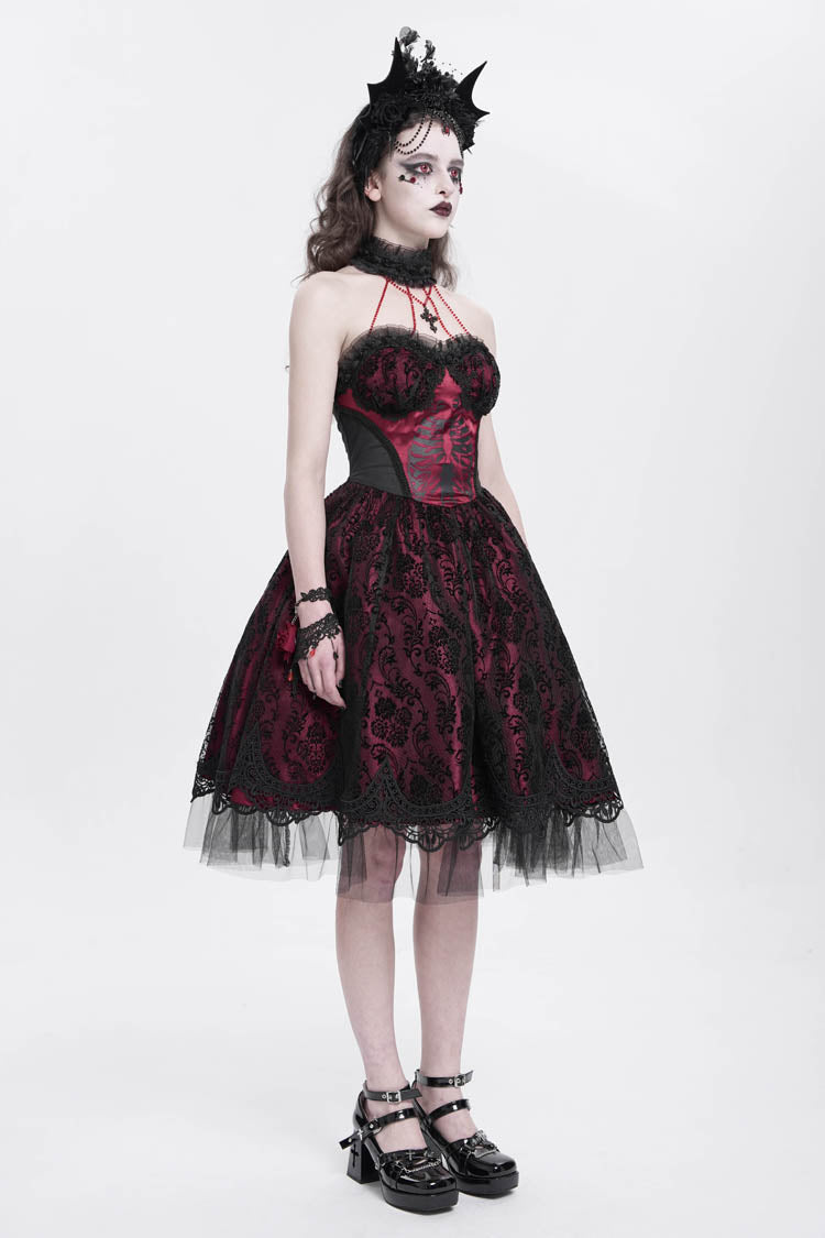 Red Halterneck Skeleton Print Embroidery Stitching Lace Women's Gothic Dress