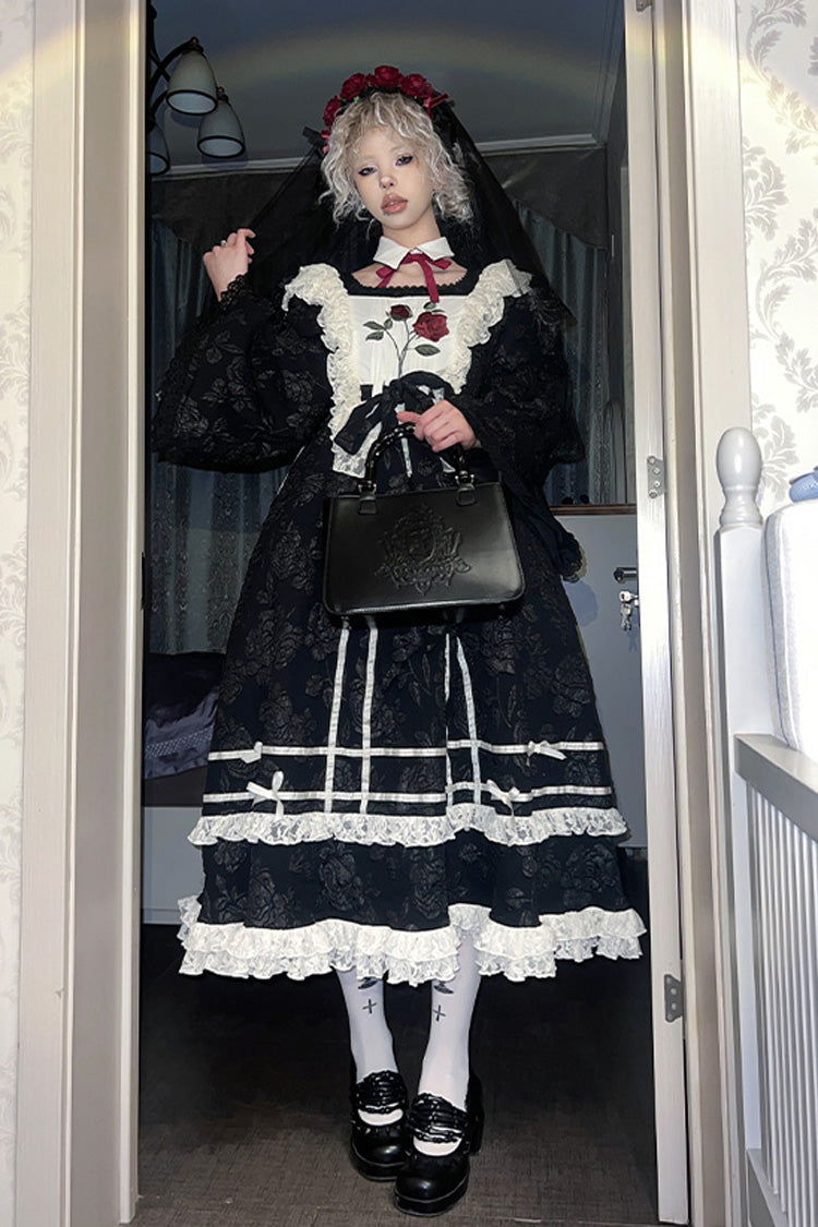 Black [Rose Choir] Double-Layered Ruffle Embroidery Bowknot Lace Gothic Elegant Nun Lolita Dress
