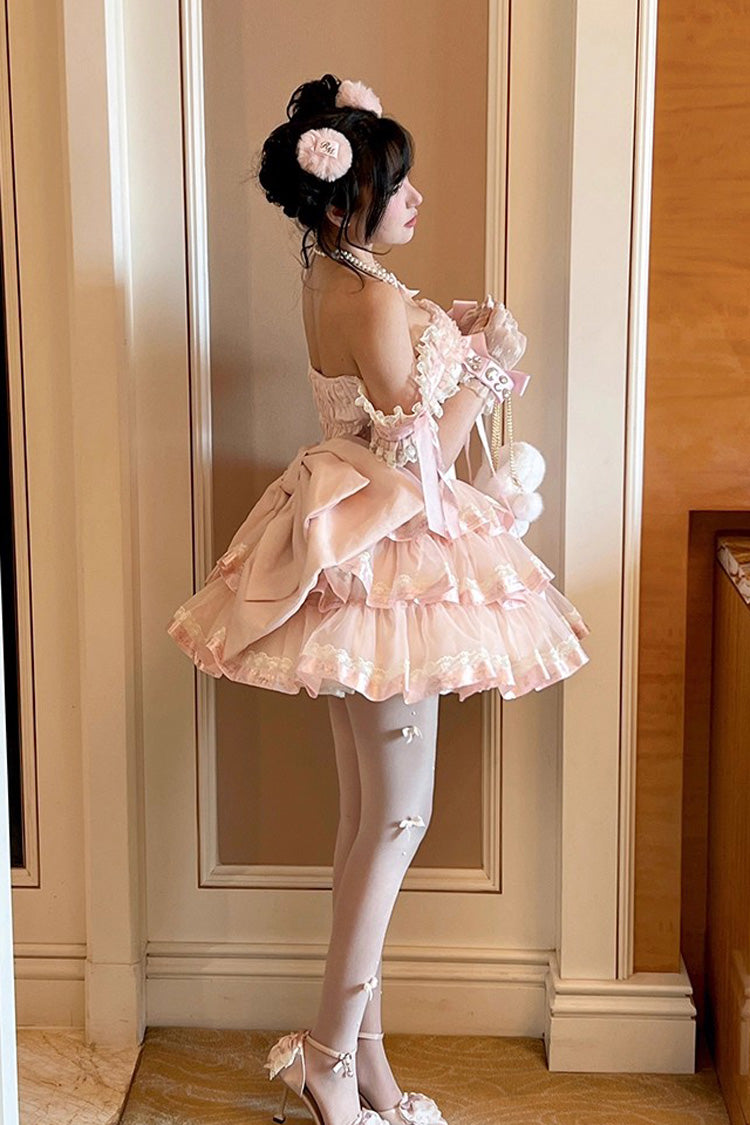 Pink [Princess Ribbon] Off Shoulder Triple-Layered Ruffle Bowknot Sweet Lolita Dress