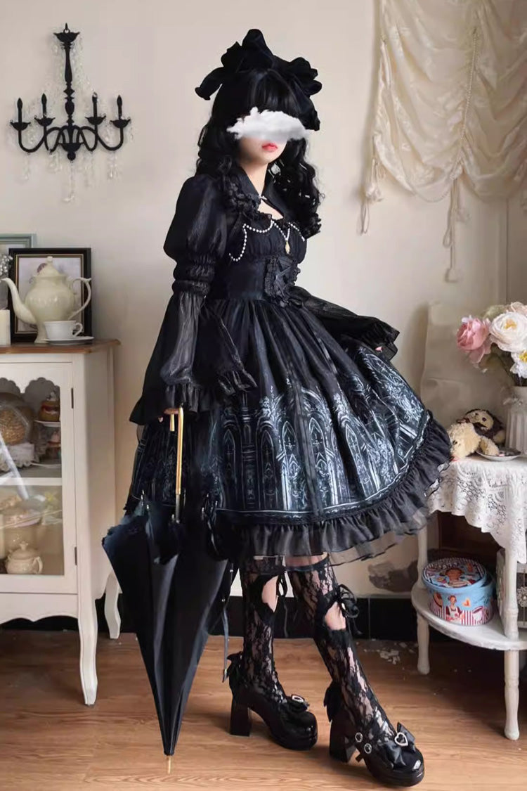 Black Sleeveless Church of Silent Night Print Ruffle Gothic Lolita Jsk Dress