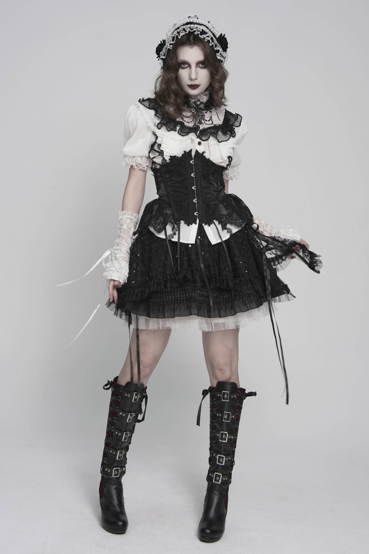 Schwarz/weiße, schmale, plissierte Damen-Gothic-Palastbluse mit Stehkragen, kurzen Ärmeln, bestickter Spitze und Schnürung