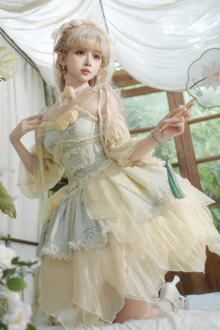 Green [Tea Bamboo Song] Sleeveless Print Ruffle Bowknot Sweet Chinese Style Elegant Ballet Lolita Jsk Short Dress
