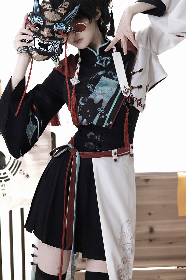 Multi-Color [Walking With The Demon] Print Asymmetric Gothic Chinese Style Ouji Lolita Skirt