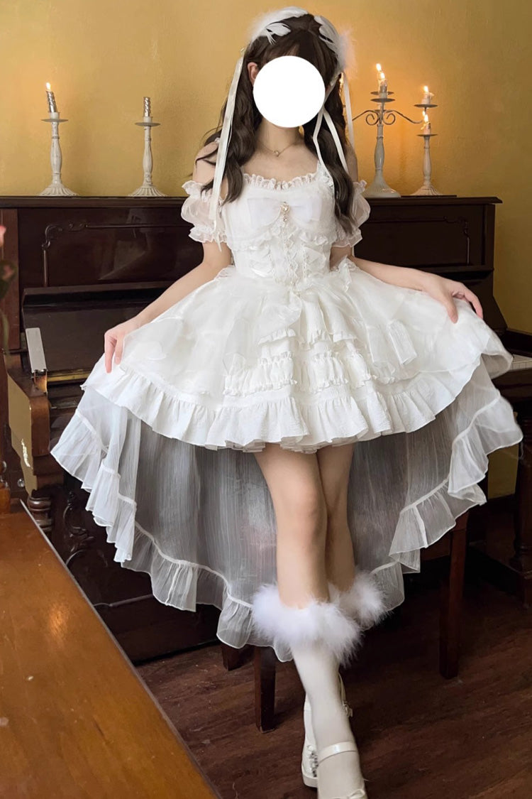 White Sleeveless Multi-layer Ruffle Bowknot Sweet Lolita Jsk Dress