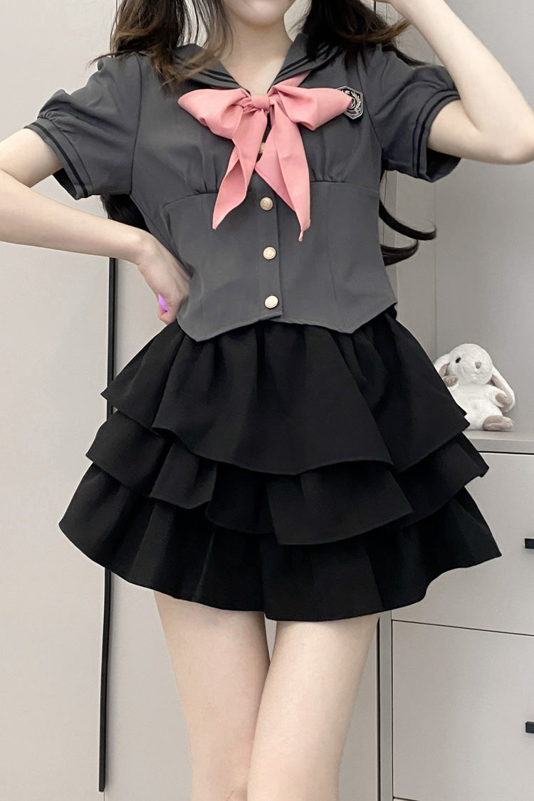 Short Sleeves Multi-layer Ruffle Bowknot Sweet College Style Japanese School Skirt Set 4 Colors