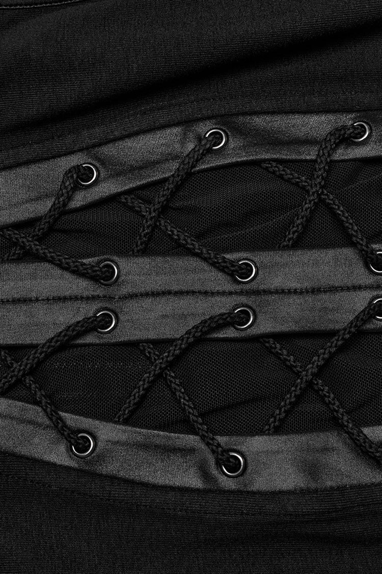 Schwarzes, ärmelloses, genähtes, zerrissenes Punk-Tanktop für Damen mit Stehkragen und Schnürung