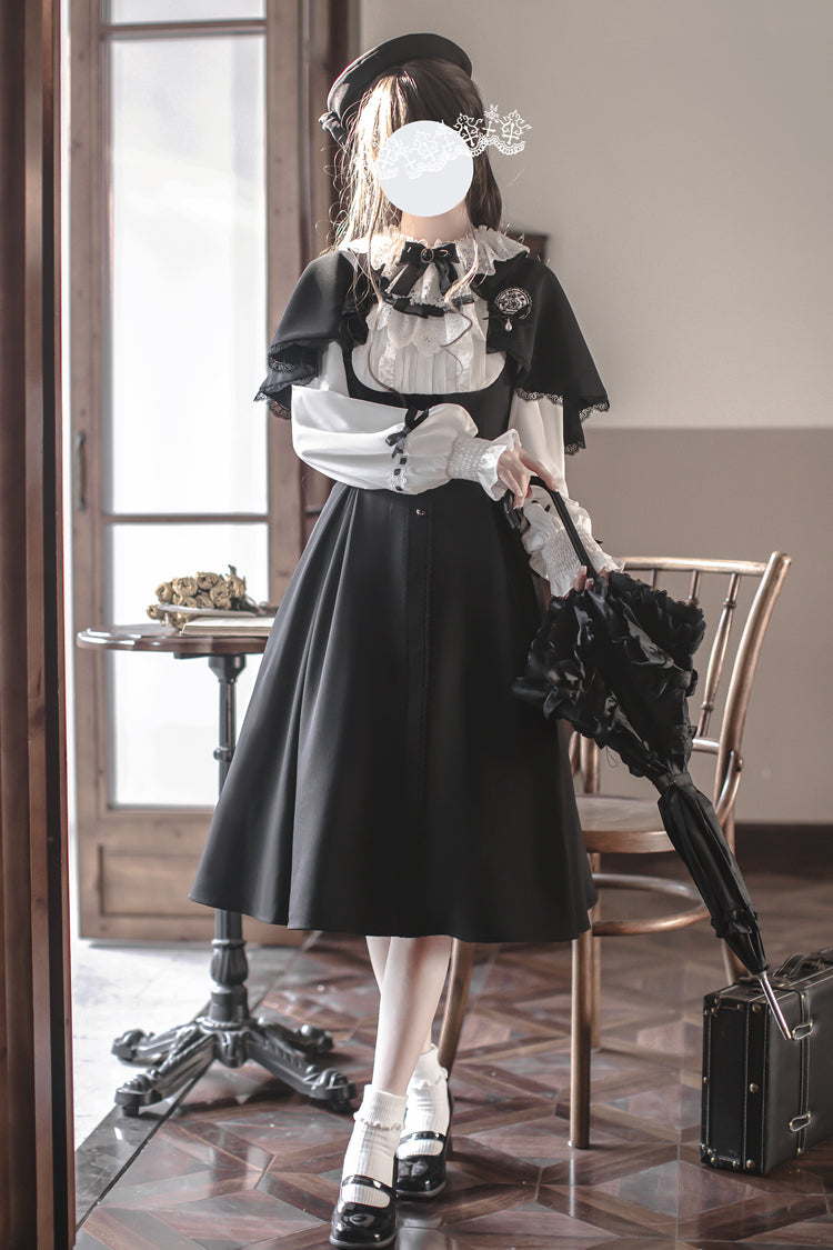 Black/White [Sunset Academy] Long Sleeves Ruffle Bowknot Fake Two Pieces Vintage College Style Elegant Lolita Dress