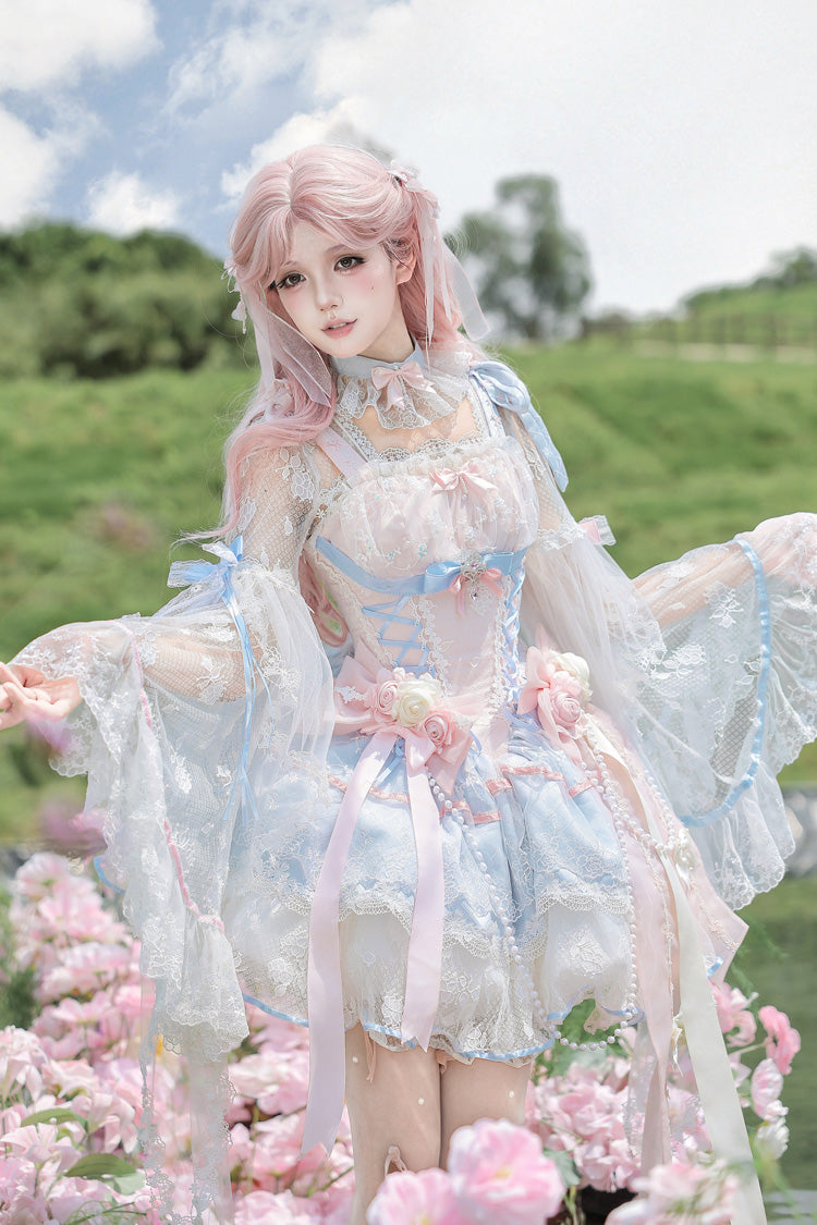 Rosa/Blau [Blütensaison] Stäbchen, hoch tailliert, Schnürschleife, Spitze, Rose, Blumen, Perle, Rüschen, süßes Prinzessin-Braut-Lolita-Kleid