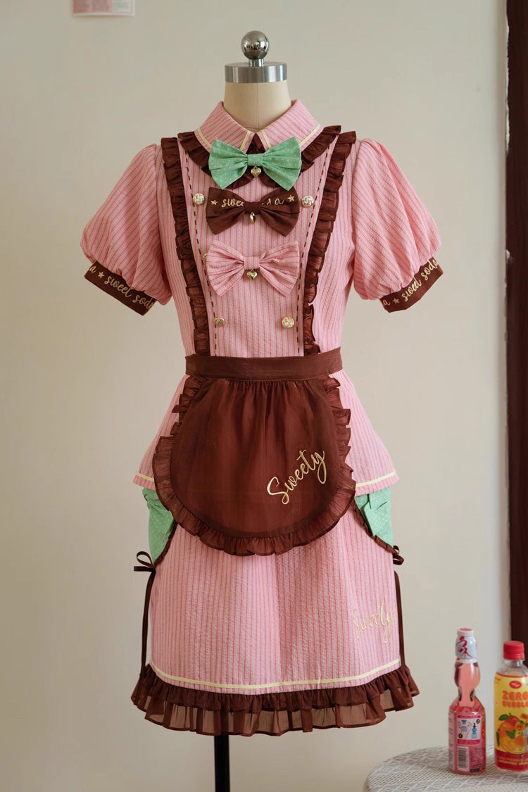 Pink [Sweet Soda] Short Sleeves Print Ruffle Bowknot Apron Sweet Vintage Lolita Skirt Set