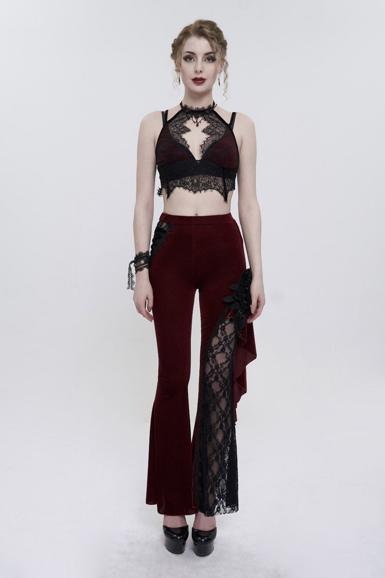 Red Velvet Single Side Stitching Rose Net Side Rope Decoration Asymmetric Pattern Flare Women's Gothic Pants