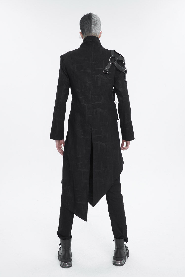 Black Stand Collar Asymmetric Hem Matching Shoulder Strap Long Men's Gothic Coat