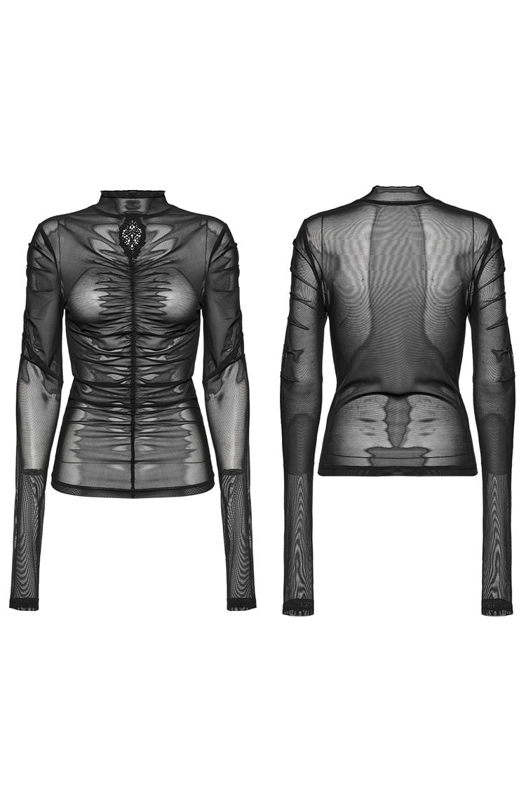 Black Long Sleeves Floral Embroidery Mesh Women's Gothic Blouse