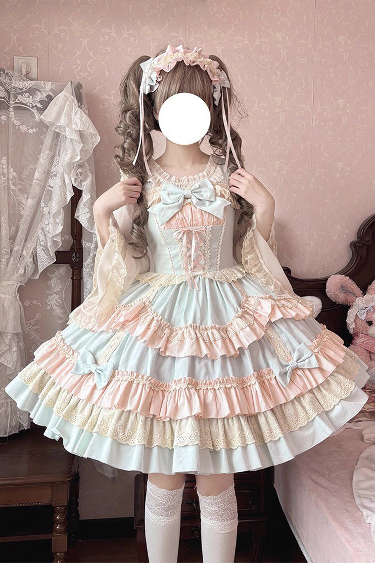 Blue/Pink Candy Sleeveless Multi-Layered Ruffle Bowknot Lace-Up Sweet Lolita Tiered Dress