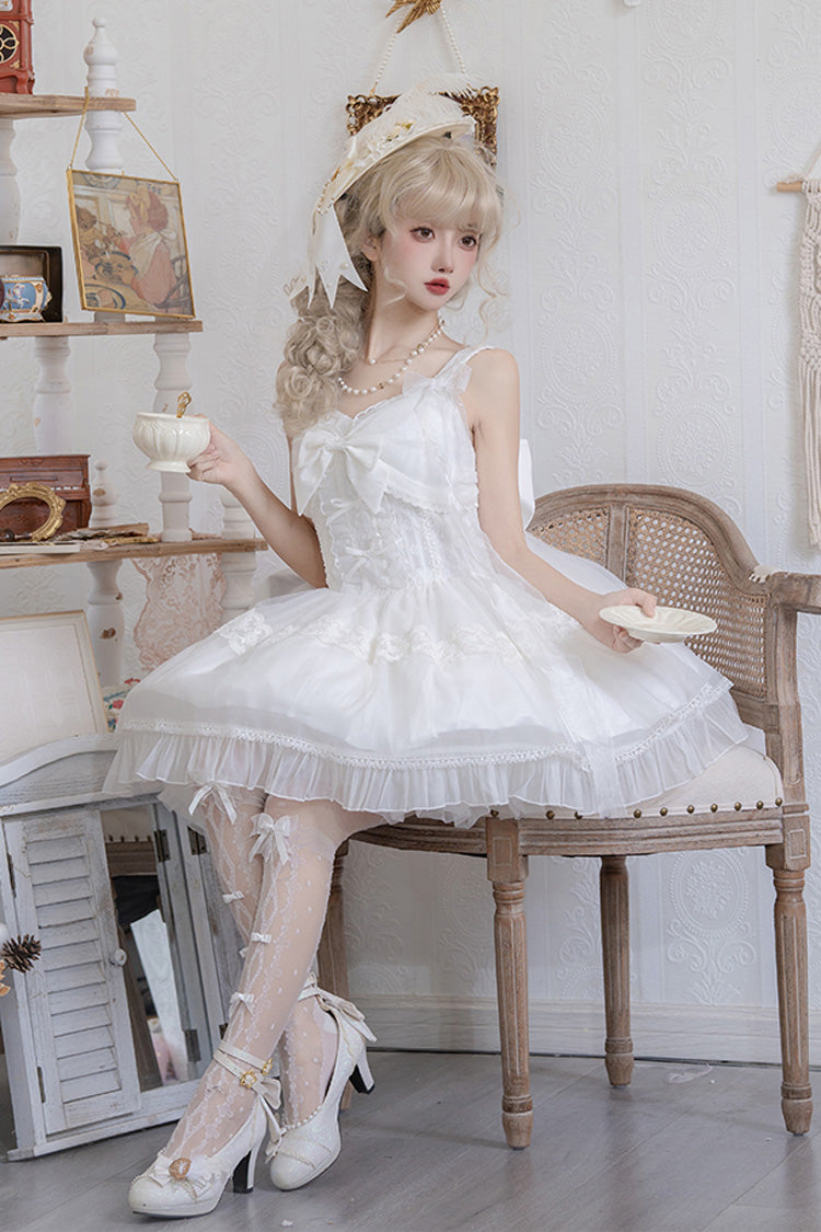 White [Bright Moonlight] Sleeveless Ruffle Bowknot Lace Lace-Up Sweet Elegant Lolita Jsk Dress