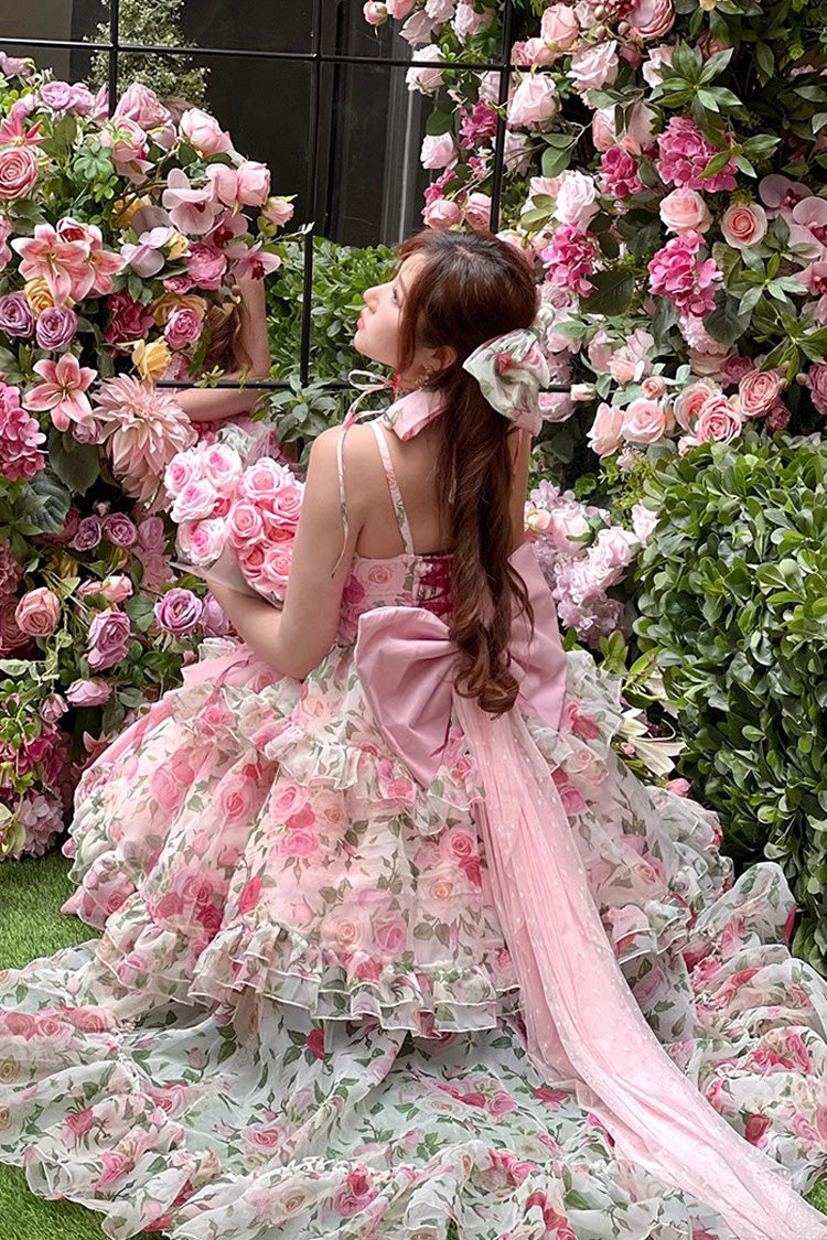 Pink Multi-Color Rose Print Sleeveless Sweet Lolita Strapless Dress