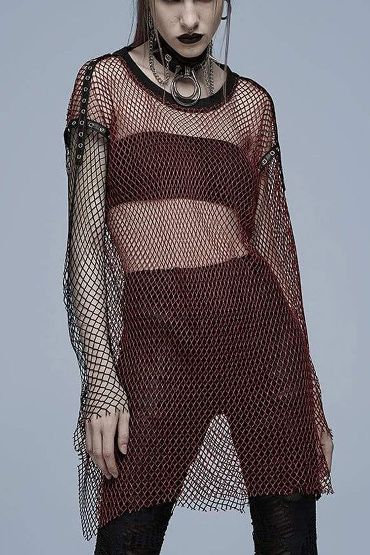 Red Punk Daily Bequemes perspektivisches Mesh-Design Keine Elastizität Asymmetrischer Saum Metallösen an den Schultern Langes Damenhemd