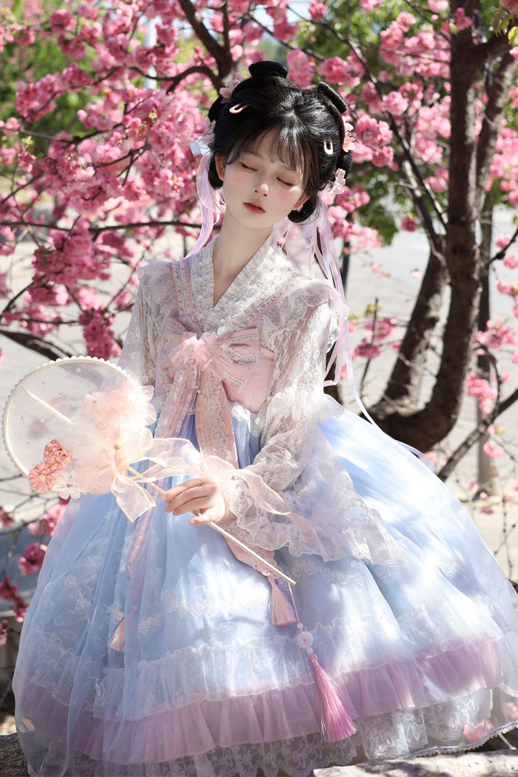 [Peach Blossoms in Spring Fields] Sleeveless Ruffle Bowknot Lace Sweet Chinese Style Lolita Jsk Dress 3 Colors