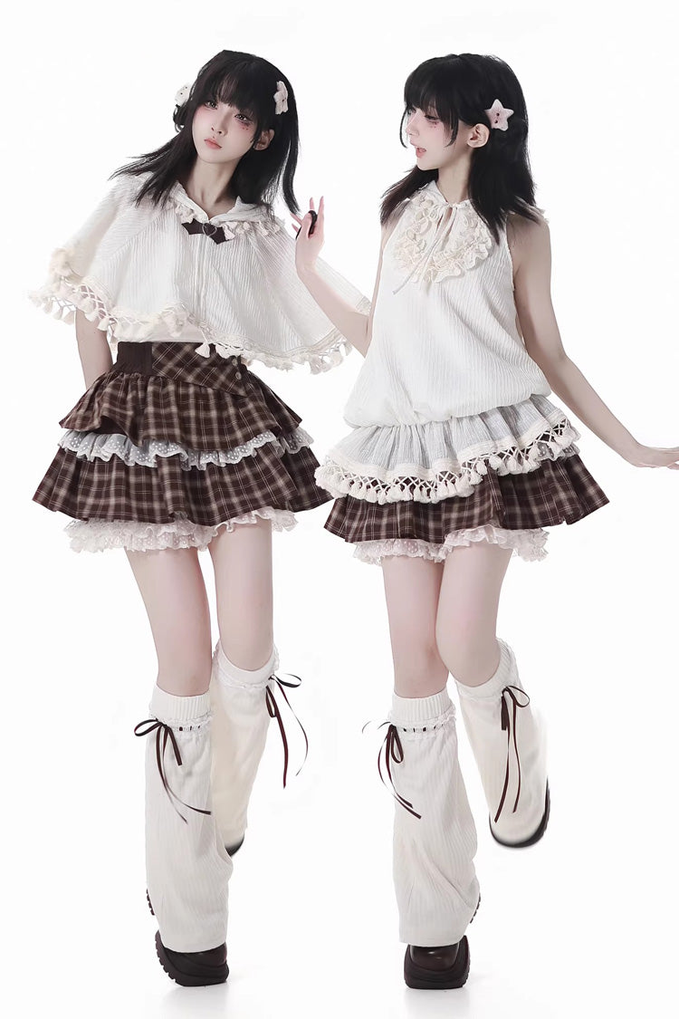 ブラウン【暖かい夏日】2層プリントフリル継ぎレース甘ロリータスカート