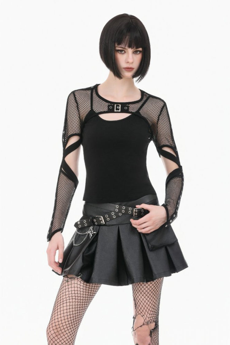 Black Women's Punk Long Sleeves Cut-Out Eyelet Buckled Mesh Cape