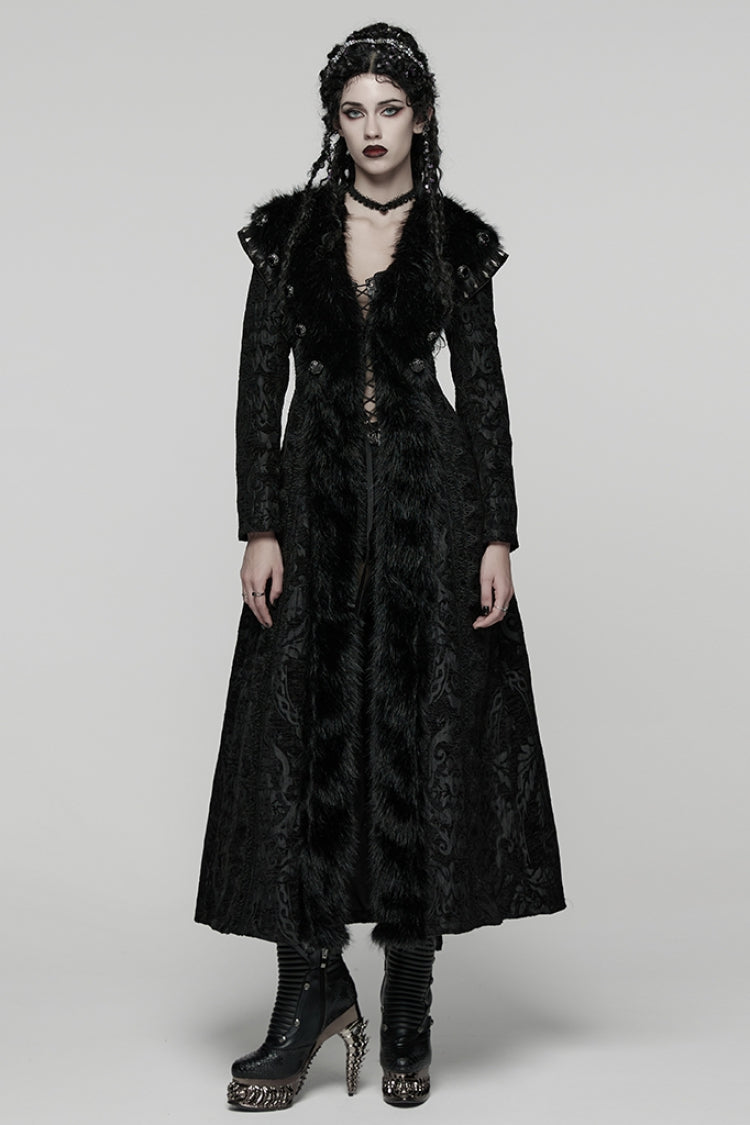 Black Lapel Collar Long Sleeves Floral Printed Plush Spliced Women's Gothic Coat