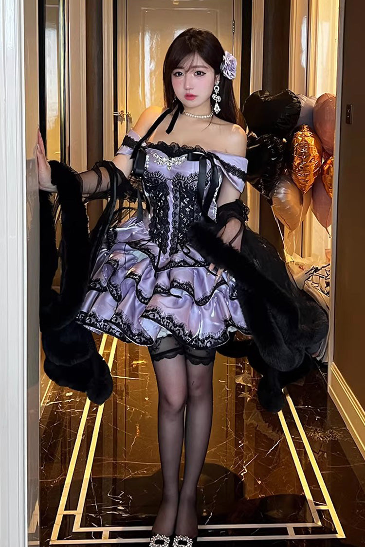 Lila [Liebesgedichte des Herzens] ärmelloses, dreilagiges, gerüschtes Spitzen-Schnürkleid, süßes Lolita-JSK-Kleid