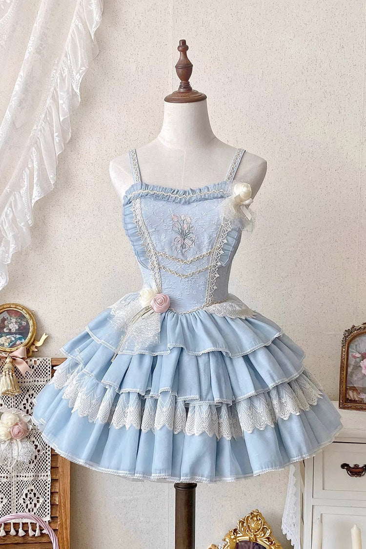 [Good Night, Tulip] Sleeveless Multi-Layered Ruffled Embroidered Lace Sweet Ballet Lolita Jsk Dress 2 Colors