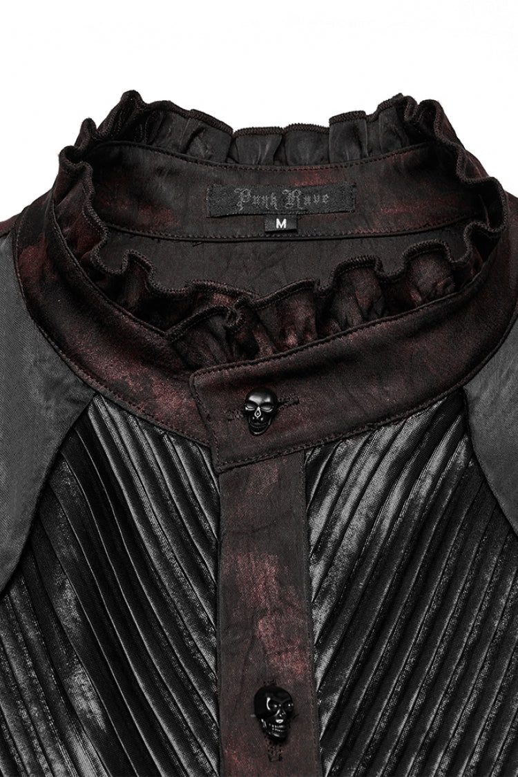Schwarz/Rot Stehkragen Langarm Rüschen Falten Herren Gothic Bluse 