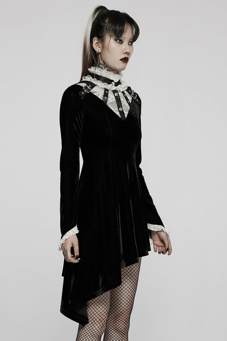 Long Trumpet Sleeves Stitching Lace Irregular Asymmetric Women's Gothic Dress 2 Colors