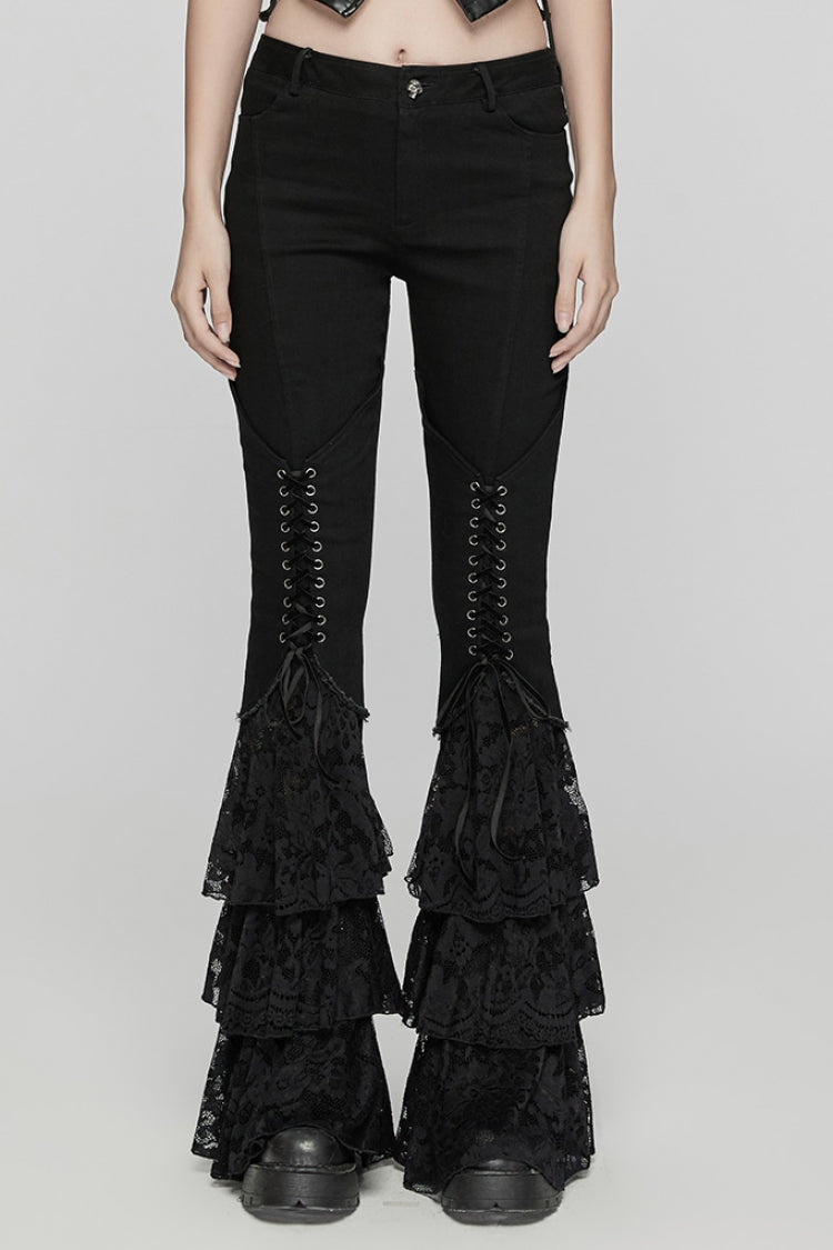 Schwarze dreifach geschichtete Rüschen-Schnür-Mesh-Gothic-Hose für Damen 