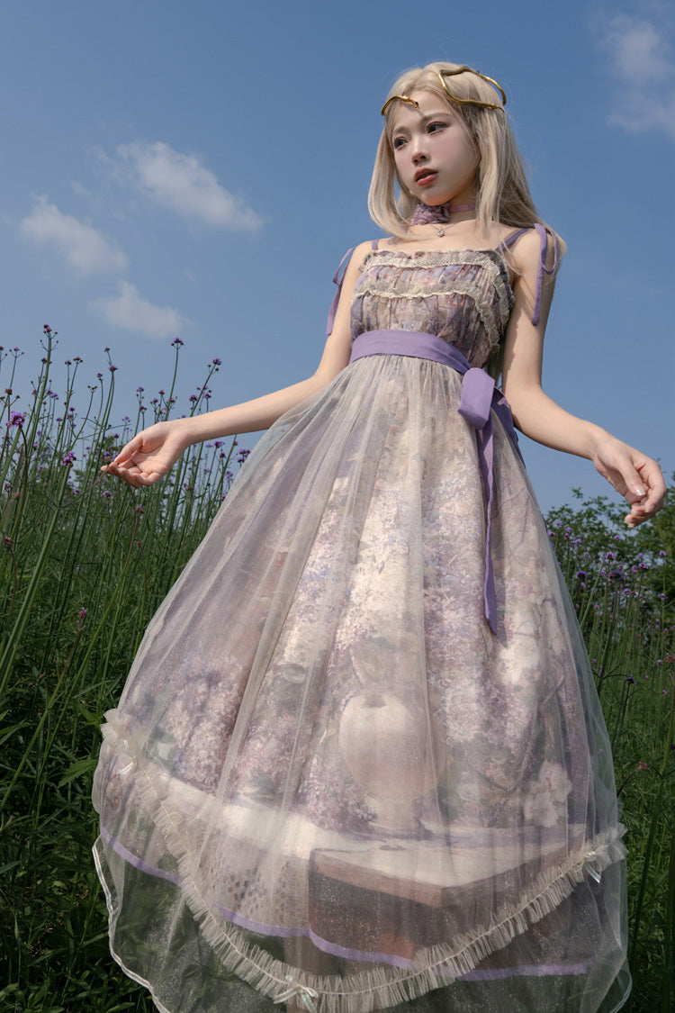 Peinture à l'huile violette [– À l'ombre des arbres en fleurs] Robe Jsk Lolita douce sans manches à imprimé volant avec nœud en dentelle 