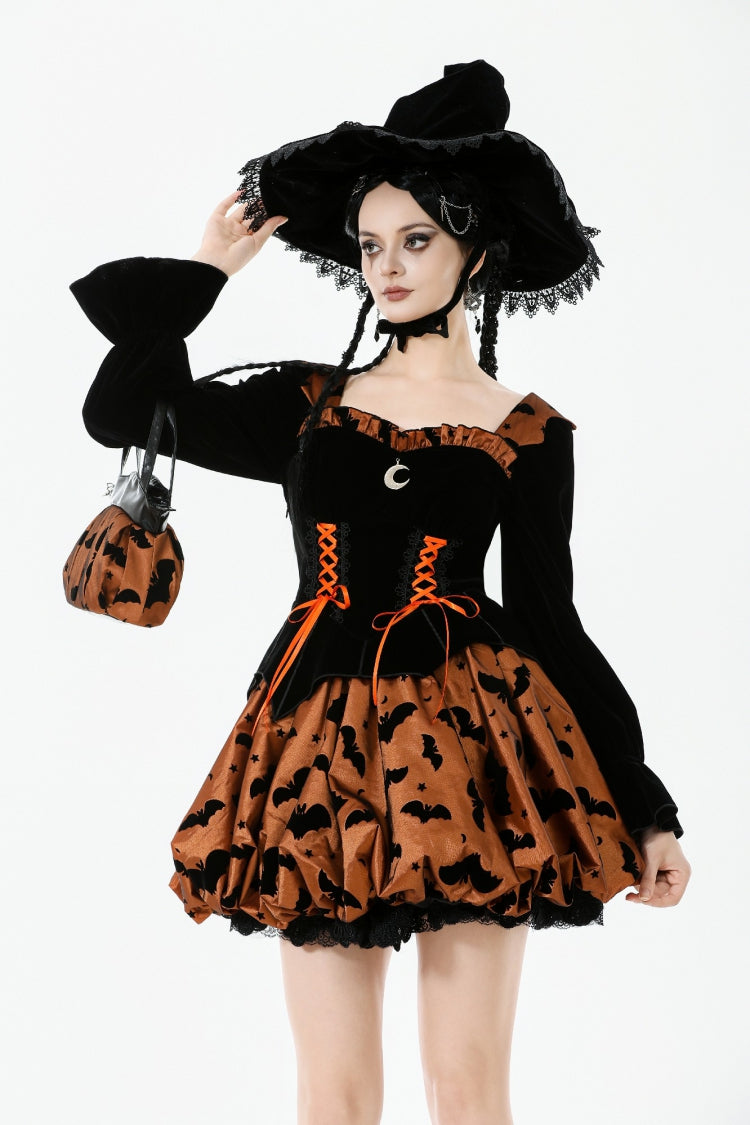 ブラック/オレンジ スクエアカラー 長袖 コウモリ プリント レースアップ レディース ゴシック パンプキン ハロウィン ドレス