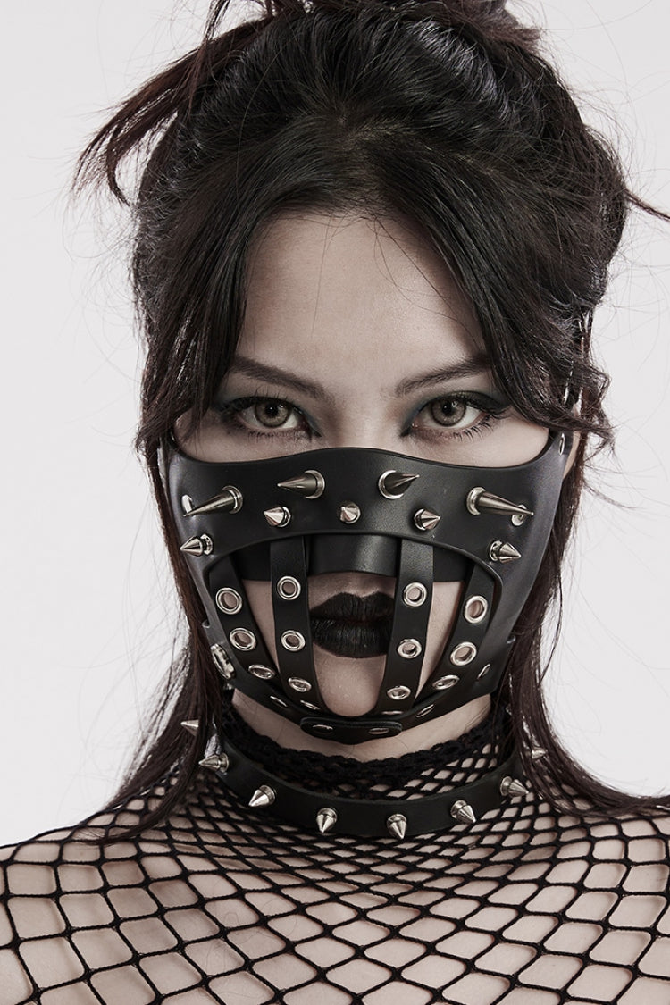 Black Faux Leather Metal Rivet Decoration Women's Steampunk Mask
