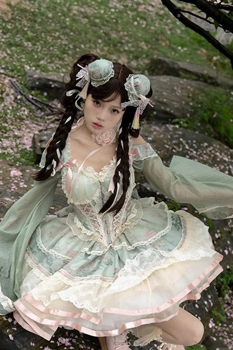 Green Waltz Multi-layer Print Ruffle Bowknot Sweet Chinese