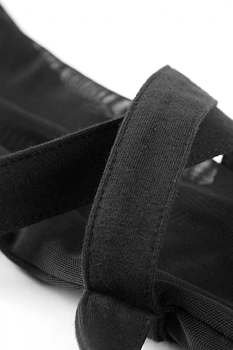 Black Long Sleeves Hooded Sheer Mesh Straps Women's Punk Coat