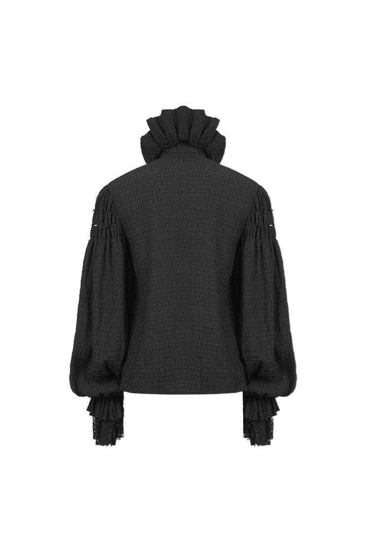 Black High Collar Chiffon Chest Frilly Beading Long Sleeve Lace Cuff Men's Gothic Shirt